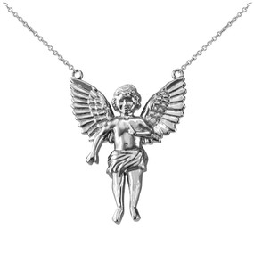 14K White Gold Cherub Guardian Angel Necklace (L)
