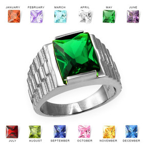 Mens Square CZ Birthstone Watchband Ring in White Gold
