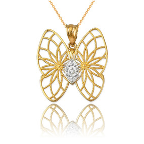 Yellow Gold Filigree Butterfly Diamond Pendant Necklace