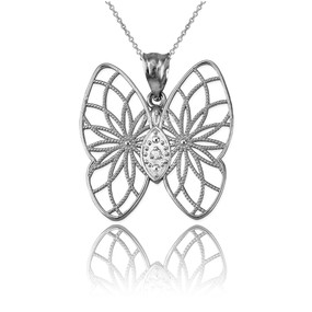 White Gold Filigree Butterfly Diamond Pendant Necklace