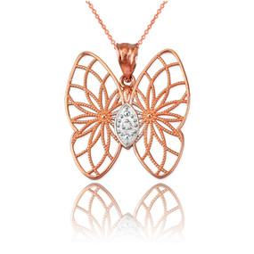 Rose Gold Filigree Butterfly Diamond Pendant Necklace