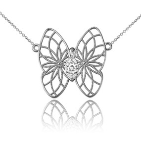 Sterling Silver Filigree Butterfly Diamond Necklace