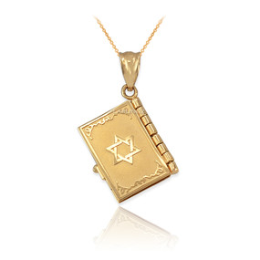 Yellow Gold Judaic Ten Commandments 3D Jewish Bible Necklace