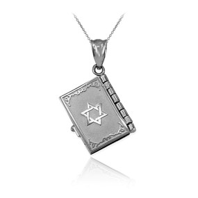 White Gold Judaic Ten Commandments 3D Jewish Bible Necklace