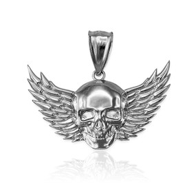 White Gold Skull with Wings Deaths Head Biker Pendant
