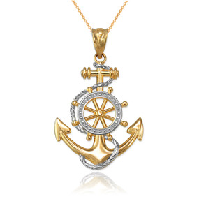 Two-Tone Yellow Gold Nautical Anchor Pendant Necklace
