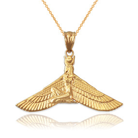 Yellow Gold Isis Egyptian Winged Goddess Pendant Necklace