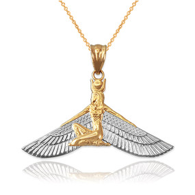 Two-Tone Gold Isis Egyptian Winged Goddess Pendant Necklace