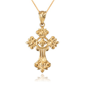 Yellow Gold Fleury Cross Charm Necklace