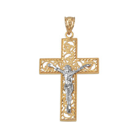 Two-tone Yellow Gold Filigree Crucifix Cross DC Pendant (S/L) 