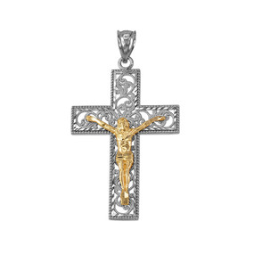 Two-tone White and Yellow Gold Filigree Crucifix Cross DC Pendant (S/L) 