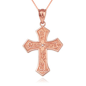 Rose Gold Christian Passion Diamond Cross Pendant Necklace