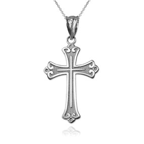 White Gold  Fleur de lis Cross Religious Pendant Necklace