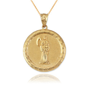 Yellow Gold Santa Muerte Medallion Pendant Necklace
