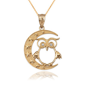 Gold Night Owl Diamond Pendant Necklace