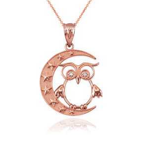 Rose Gold Night Owl Diamond Pendant Necklace