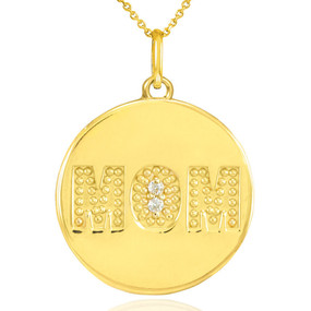 14K Gold "MOM" Script Diamond Disc Pendant Necklace