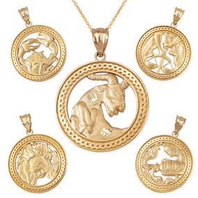 Yellow Gold Zodiac Open Medallion Satin DC Pendant Necklace