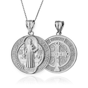 Sterling Silver Saint Benedict Medal Reversible Pendant Necklace