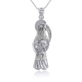 Silver Santa Muerte Grim Reaper with CZ Stones Pendant Necklace