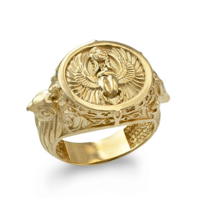 Gold Egyptian Gods Ring with Scarab Beetle, Anubis, and Horus Symbols - Ancient Egypt Jewelry
