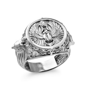 Silver Egyptian Gods Ring with Scarab Beetle, Anubis, and Horus Symbols - Ancient Egypt Jewelry