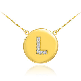Letter "L" disc necklace with diamonds in 14k yellow gold.