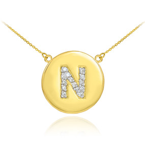 14k Polished Gold Letter "N" Initial Diamond Disc Necklace