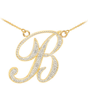 14k Gold Letter Script "B" Diamond Initial Necklace
