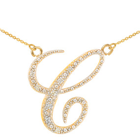 14k Gold Letter Script "C" Diamond Initial Necklace