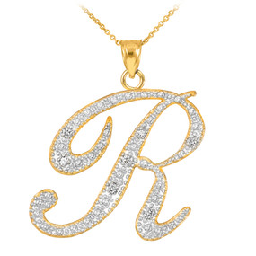 14k Gold Letter Script "R" Diamond Initial Pendant Necklace