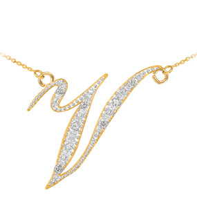 14k Gold Letter Script "V" Diamond Initial Necklace