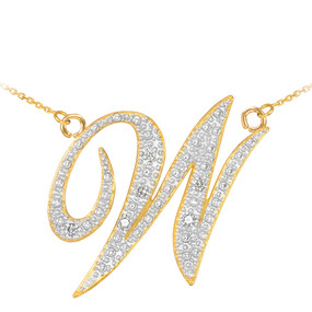 14k Gold Letter Script "W" Diamond Initial Necklace