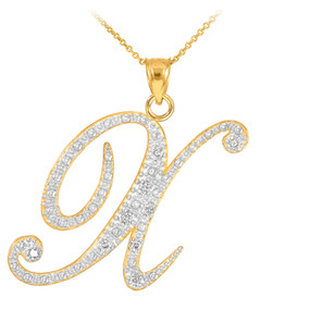 14k Gold Letter Script "X" Diamond Initial Pendant Necklace