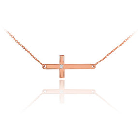 14K Rose Gold Sideways Cross Cute Diamond Necklace