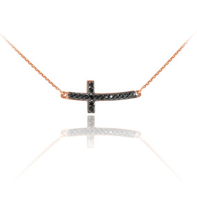 14K Rose Gold Sideways Curved Cross Black CZ Cute Necklace