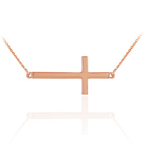 14K Solid Rose Gold Sideways Cross Necklace