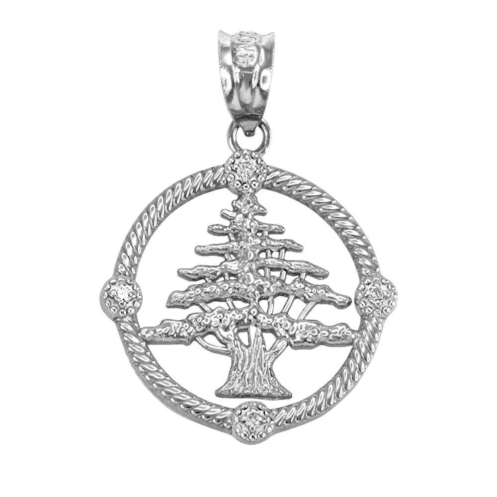 White Gold Cedar Tree of Lebanon Diamond Pendant Necklace