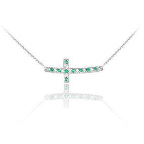 Sterling Silver Cute Green and Clear CZ Sideways Curved Cross Necklace