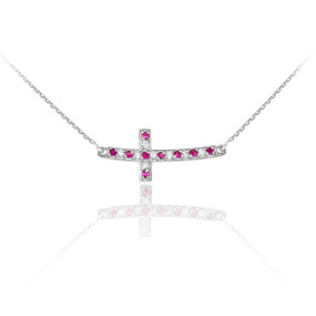 Sterling Silver Cute Red and Clear CZ Sideways Curved Cross Necklace