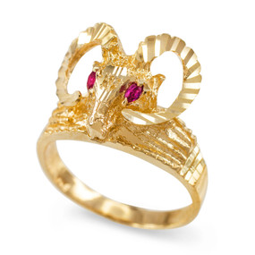 Gold Ram Head Red CZ Textured Ring