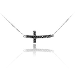 Sterling Silver Sideways Black CZ Cute Curved Cross Necklace
