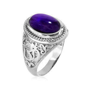Silver Om ring with Amethyst birthstone