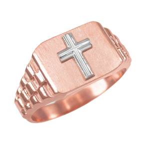 Mens Two-Tone Rose Gold Cross Ring