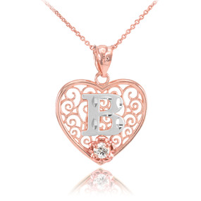 Two Tone Rose Gold Filigree Heart "B" Initial CZ Pendant Necklace