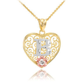 Two Tone Yellow Gold Filigree Heart "B" Initial CZ Pendant Necklace