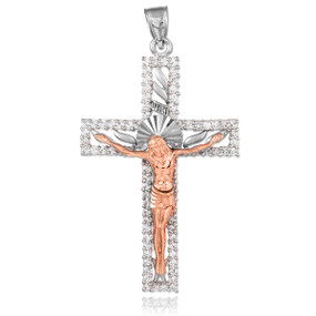 Two-Tone White and Rose Gold CZ Crucifix Pendant