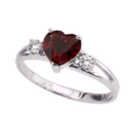 White Gold CZ Garnet Heart Proposal/Promise Ring