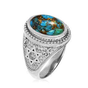 Sterling Silver Star of David Blue Copper Turquoise Jewish Statement Ring
