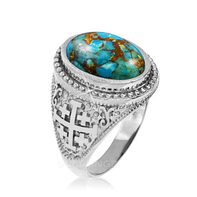 Sterling Silver Jerusalem Cross Blue Copper Turquoise Statement Ring